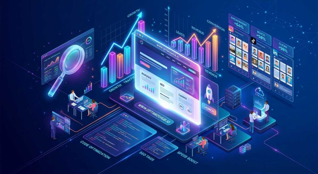 Digital marketing and SEO dashboard showing growth analytics, social media engagement, and website optimization